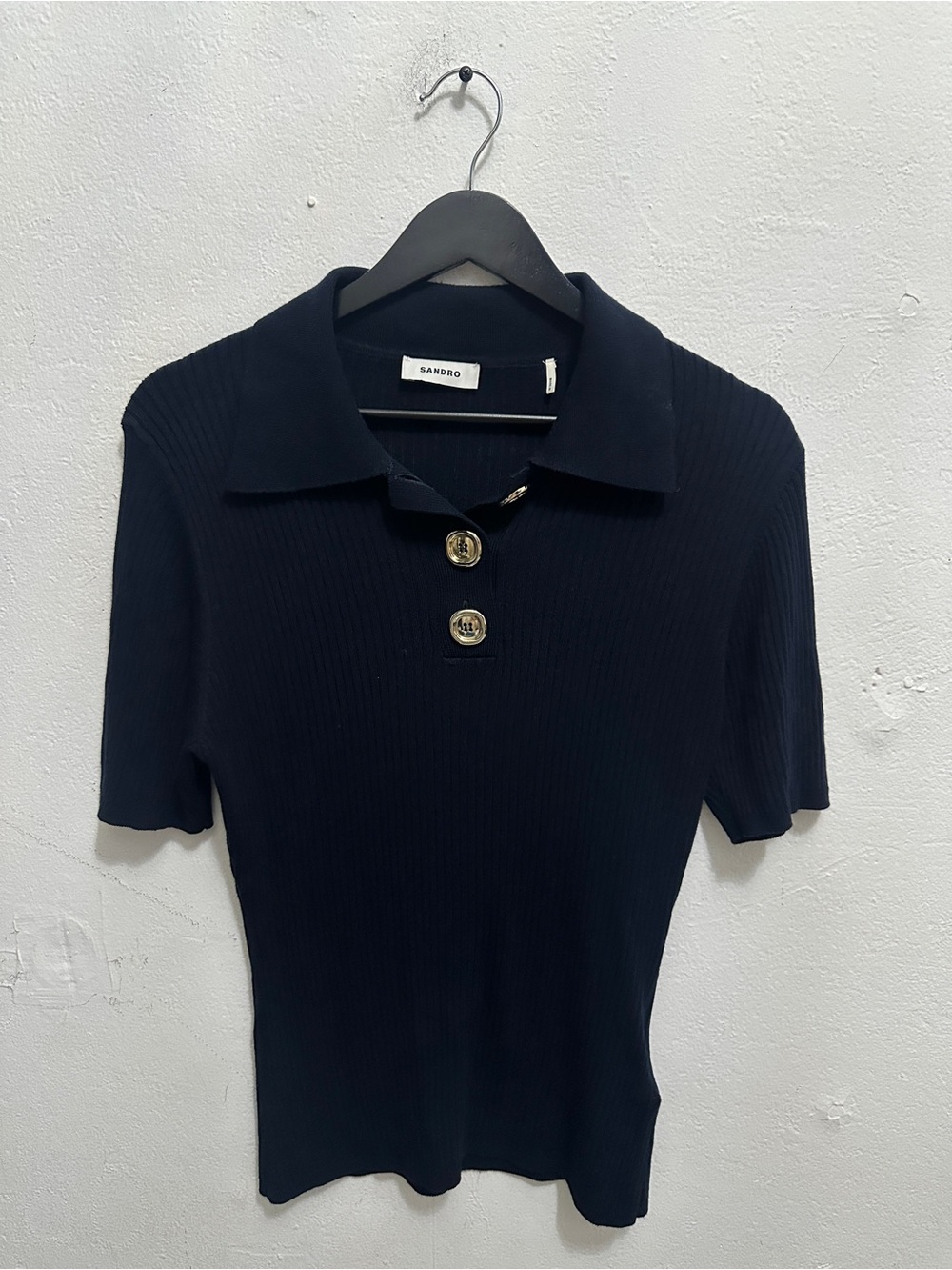 Sandro Paris Knit Polo Sweater Top Women’s 4 Navy Ribbed Gold Tone Buttons